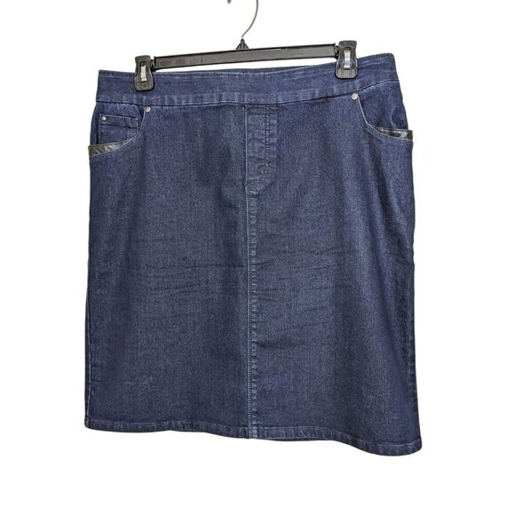 Womens Jean Pencil Skirt Size 14 Dark Wash Denim Blue Back Slit Stretch Pockets - Picture 1 of 7